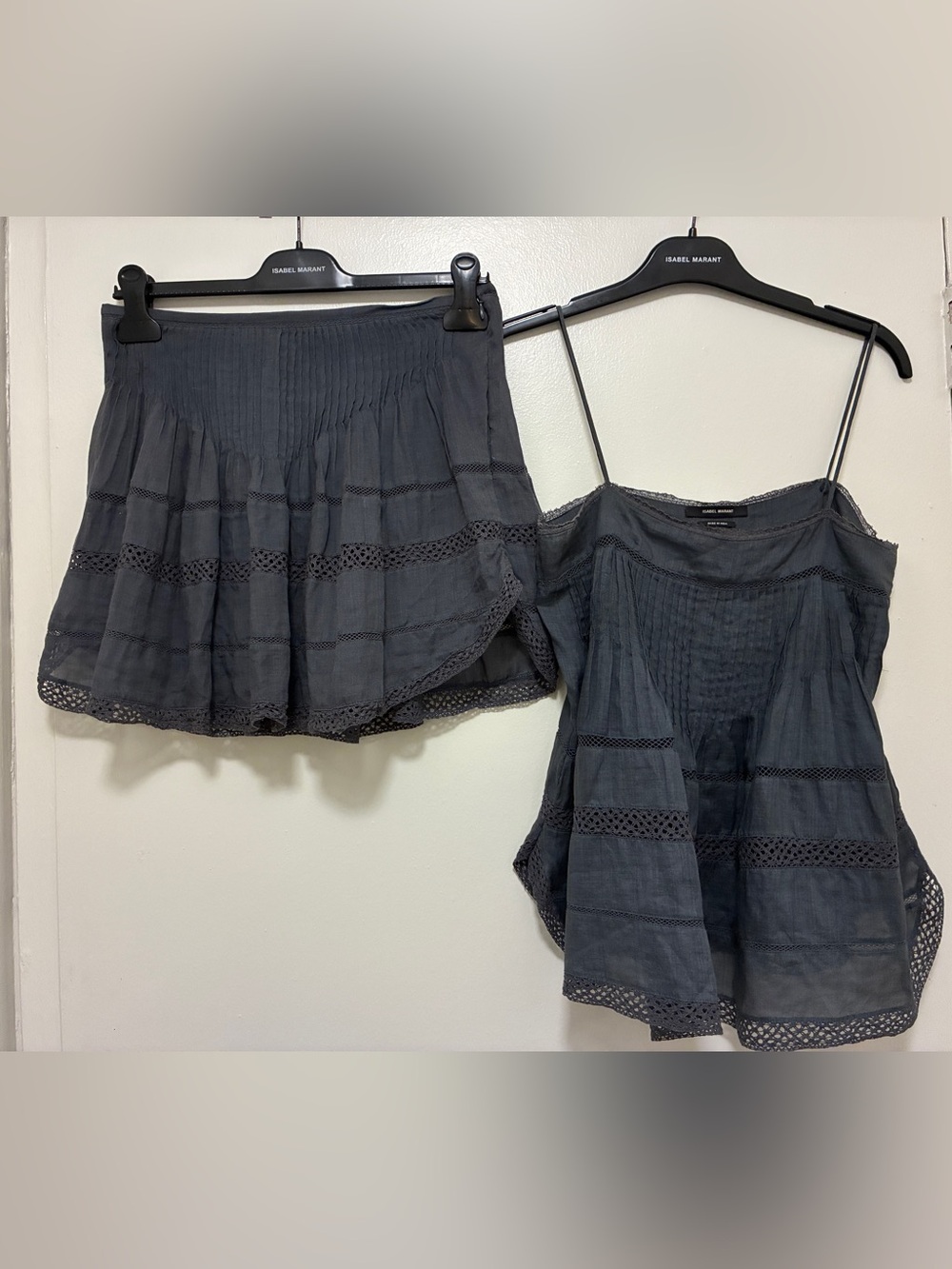 Isabel Marant Collection Charcoal Cotton Top and Skirt Set with Lace Trim